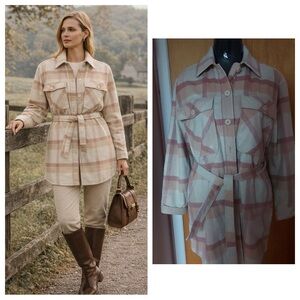 Cream Tan Plaid Belted Shacket S Classic Heritage Fall Jacket Utility Coat